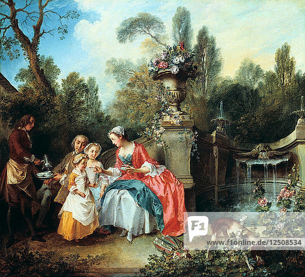 Eine Dame in einem Garten  die mit einigen Kindern Kaffee trinkt  wahrscheinlich 1742. Künstler: Nicolas Lancret