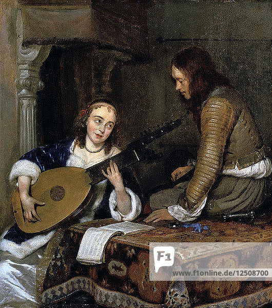 Eine Frau  die Theorbe spielt  und ein Kavalier  um 1658. Künstler: Gerard Terborch II