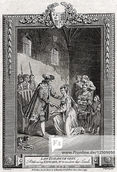Lady Elizabeth Grey  die Edward IV. um die Rückgabe ihrer Ländereien bittet  15. Jahrhundert  (1777). Künstler: Charles Grignion