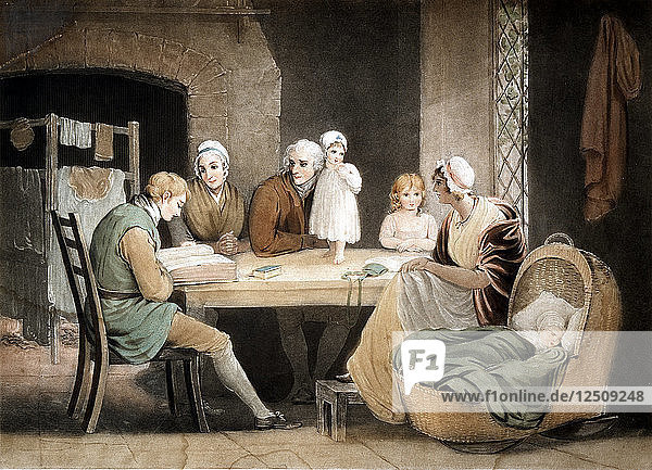Drei Generationen hören einer Lesung aus der Familienbibel zu  um 1800. Künstlerin: Maria Spilsbury