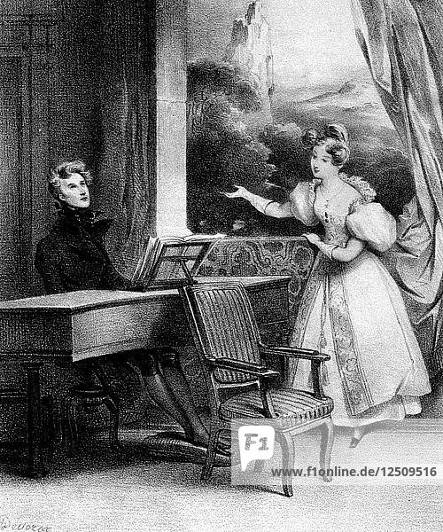 Pianist am Keyboard  der eine Dame beim Singen begleitet  19. Jahrhundert. Künstler: Unbekannt