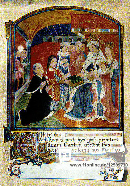 William Caxton  englischer Drucker  präsentiert König Edward IV. ein Buch  1477. Künstler: Unbekannt
