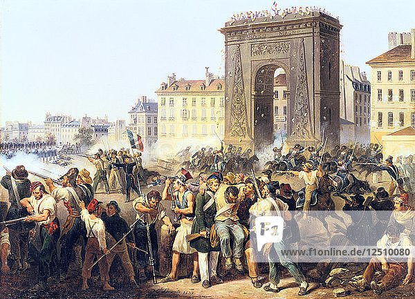Battle at the Porte St Denis  28th July  1830  Paris. Artist: Hippolyte Lecomte
