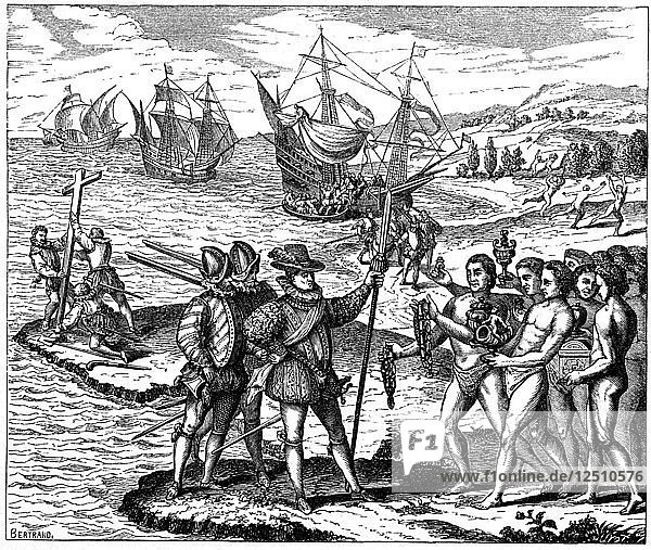 Christopher Columbus  Genoese explorer  discovering America  12 May 1492 (1590). Artist: Theodor de Bry