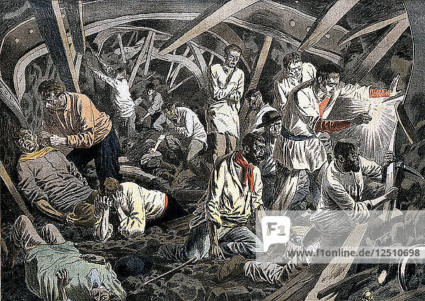 Coal miners trapped underground by a roof fall  Courrieres Mines  Pas-de-Calais  France  1906. Artist: Unknown