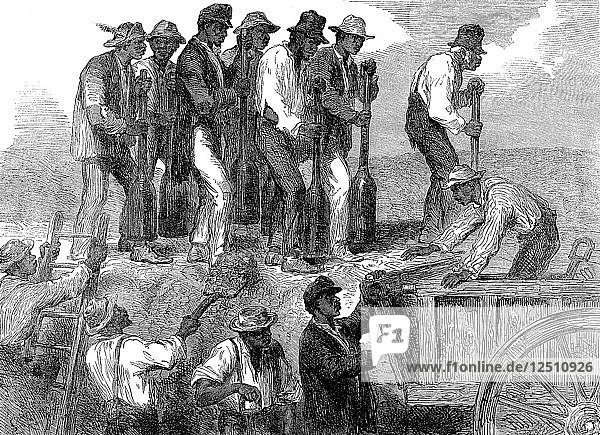 Negro labour strengthening the fortifications of Savannah Georgia American Civil War 1863. Artist: Unknown