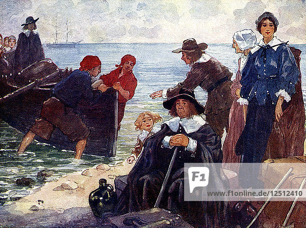 Eine Gruppe von Exilanten ankert mit ihrer Barke an der wilden Küste Neuenglands  1620  (1905) Künstler: A. S. Forrest