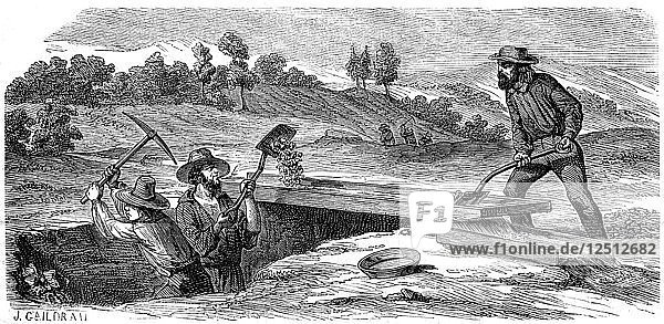 Bergleute  die in den kalifornischen Goldfeldern nach Gold waschen  1853. Künstler: Unbekannt