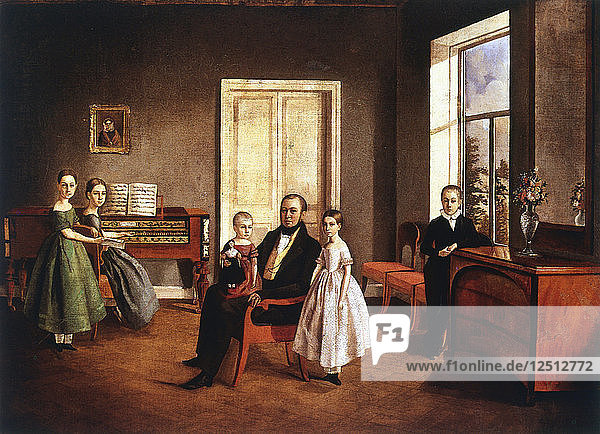 Portrait of a family in an interior  Russian  c1840. Artist: Anon