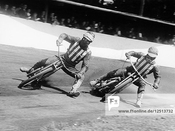 Dick Bradley (on the left) and Alby Golden at a speedway track  Exeter  c1952-c1953. Artist: Unknown