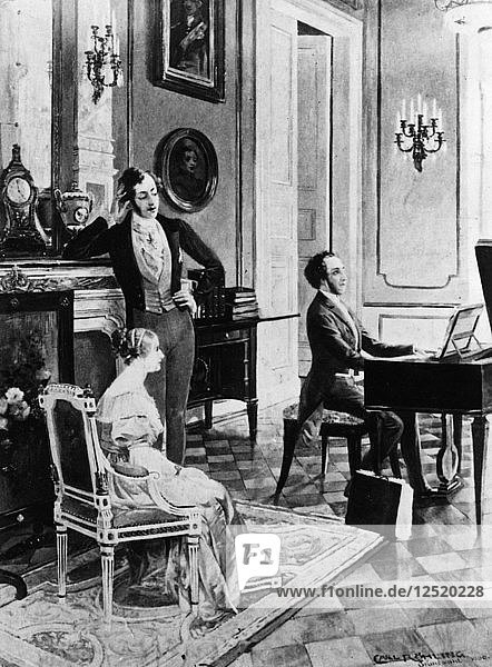 Felix Mendelssohn (1809-1847) bei seinem Auftritt vor Königin Victoria und Prinz Albert im Buckingham Palace. Künstler: Unbekannt