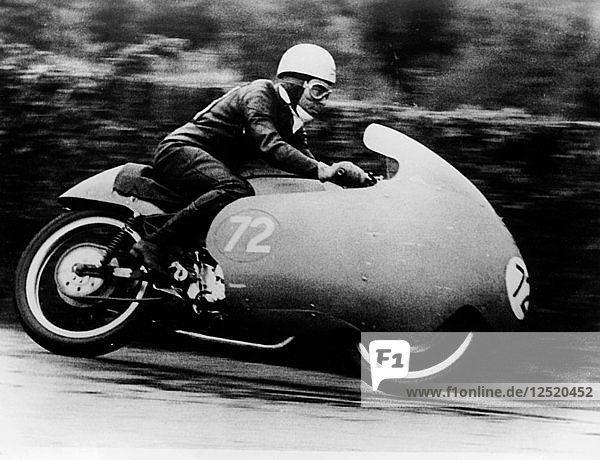 Possibly Bill Lomas  on a Moto Guzzi V8  1957. Artist: Unknown
