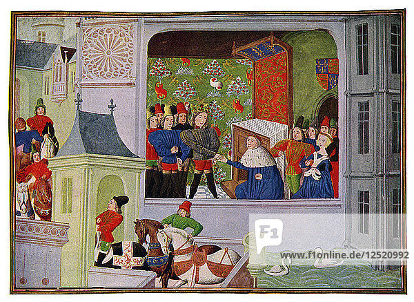 Gespräch zwischen Richard II. und dem Herzog von Gloucester  14. Jahrhundert (15. Jahrhundert) Künstler: Meister der Harley Froissart