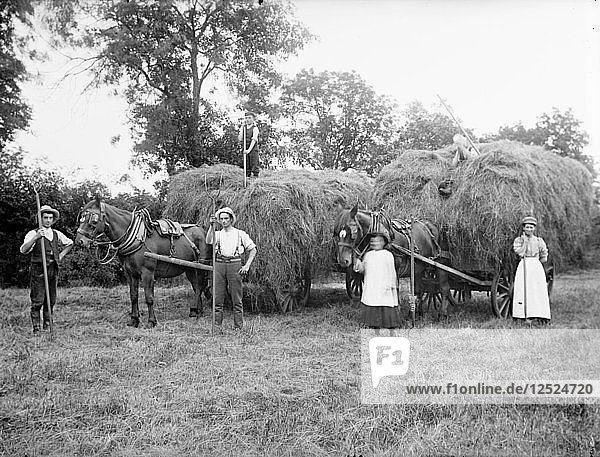 Landarbeiter posieren neben beladenen Heuwagen in der Nähe von Hellidon  Northamptonshire  um 1873 bis 1923. Künstler: Alfred Newton & Söhne
