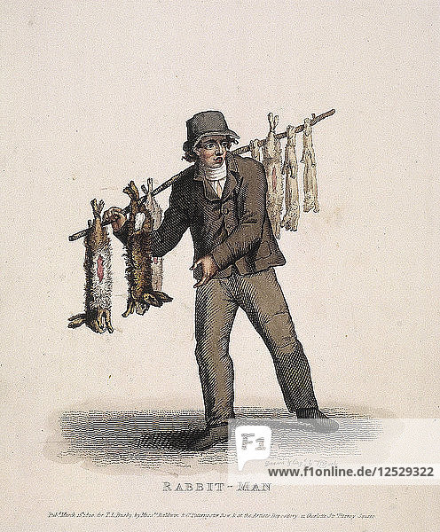 Kaninchenverkäufer  der eine mit Kaninchen behängte Stange trägt  1820. Künstler: Thomas Lord Busby
