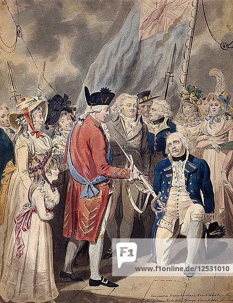 George III presenting a Sword to Admiral Earl Howe  c1794. Artist: Isaac Cruikshank