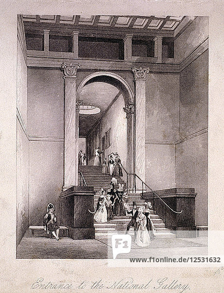 Eingang zur National Gallery am Trafalgar Square  Westminster  London  um 1830. Künstler: Anon