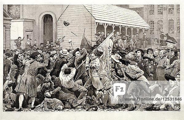 Covent Garden mit Wahlkampfauftritten im Hintergrund  mit Charles James Fox  (um 1790?). Künstler: Anon