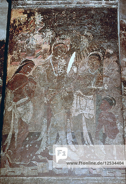 Dame bei ihrer Toilette  Höhlenfresko  Ajanta  Indien. 1. bis 5. Jahrhundert. (20. Jahrhundert). Künstler: Unbekannt