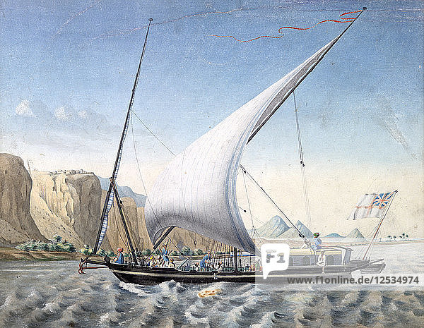 Ein Boot auf dem Nil  Ibrim  Nubien  1827-1829. Künstler: Louis M. A. Linant de Bellefonds