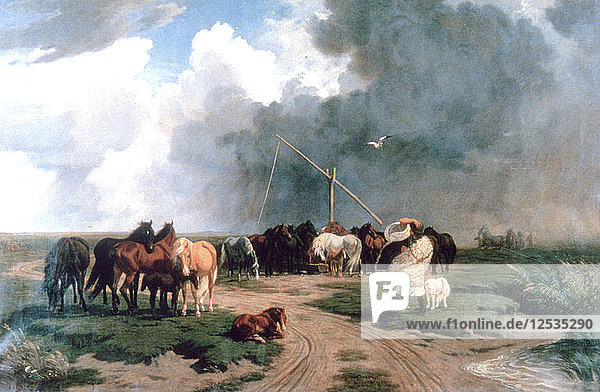 Pferde im Sturm  1862. Künstler: Karoly Lotz