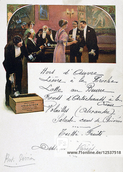 Heidsieck Champagner Werbung auf einer Speisekarte  19. Jahrhundert. Künstler: Unbekannt