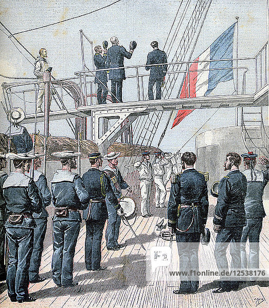Salute to the flag  French naval manoeuvres  1891. Artist: Henri Meyer
