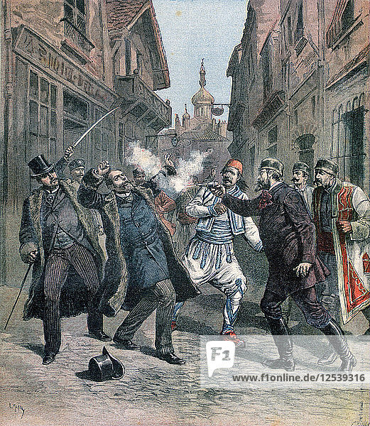 Ermordung von Herrn Beltchef in Anwesenheit von Herrn Stambouloff  Bulgarien  1891. Künstler: Henri Meyer