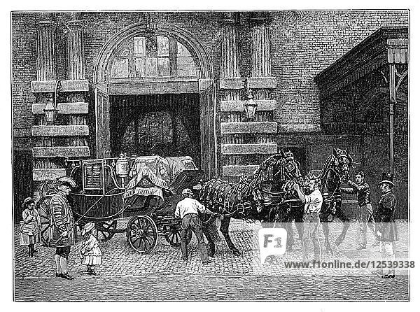 Harnessing the black horses at the Royal Mews  Buckingham Palace  London  c1888. Artist: Unknown