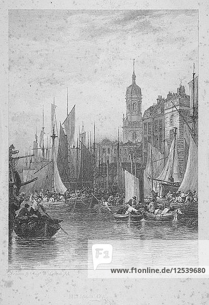 View of Billingsgate wharf with boats  City of London  1828. Artist: Augustus Wall Callcott