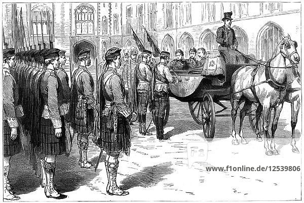 Queen Victoria receiving the old colours of the Seaforth Highlanders  Windsor  1885. Artist: Unknown