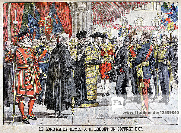 Der Oberbürgermeister von Londons überreicht Herrn Loubet eine Goldschatulle  1903. Künstler: Unbekannt