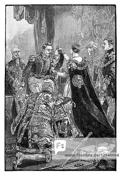 Die Königin stattet den Kaiser der Franzosen mit dem Hosenbandorden aus  1855  (1888). Künstler: Unbekannt