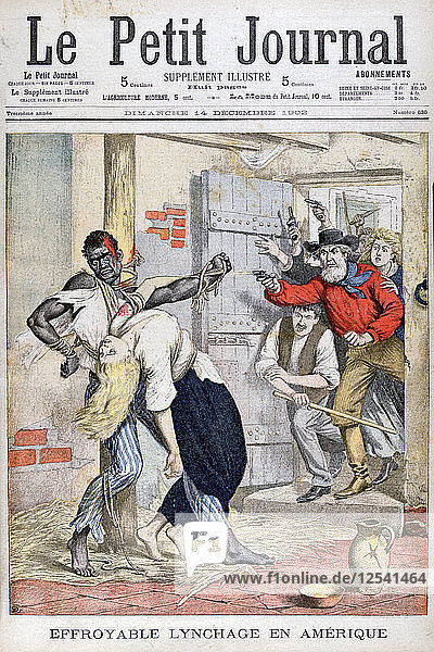 Die Lynchjustiz an einem Schwarzen in einem Gefängnis und die Ermordung einer weißen Frau  die an ihn gefesselt war  1902. Künstler: Unbekannt