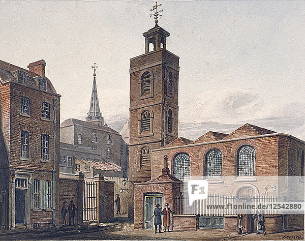 Nordansicht der St.-Jakobus-Kirche  Dukes Place und angrenzende Gebäude  City of London  1810. Künstler: John Coney