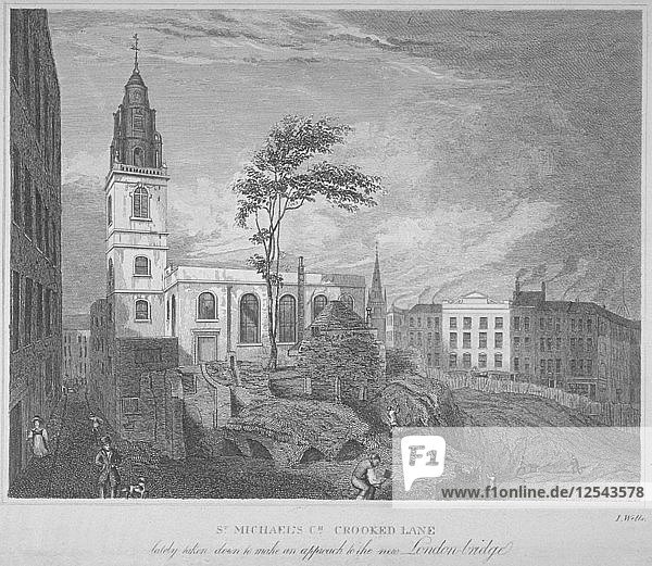 South-east view of the Church of St Michael  Crooked Lane  City of London  1830. Artist: John Wells