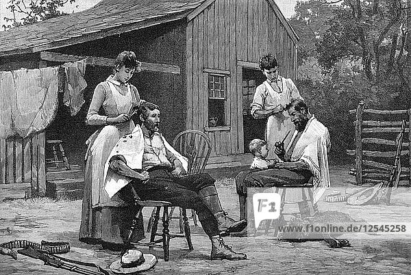 Eine der Pflichten einer Dame - Haarschneiden en famille  1889. Künstler: Unbekannt