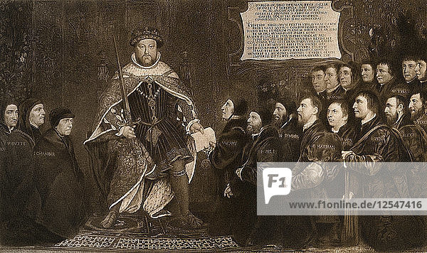 Heinrich VIII.  Verleihung einer Charta an die Barbier- und Chirurgenzunft  1541  (1902) Künstler: Hans Holbein der Jüngere