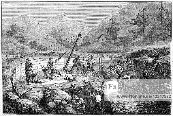 Excavating and washing of sands at the bottom of a river California 19th century.Artist: Gustave Adolphe Chassevent-Bacques
