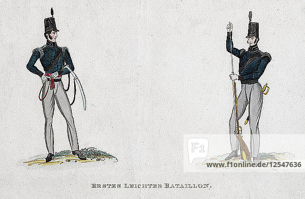 Deutsche Soldaten aus der Zeit von Waterloo  19. Jahrhundert. Künstler: Unbekannt