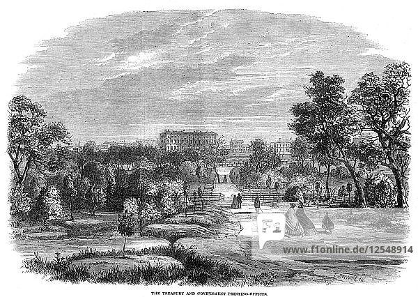 The treasury and government printing office Melbourne Australia 1863. Artist: T Macquord
