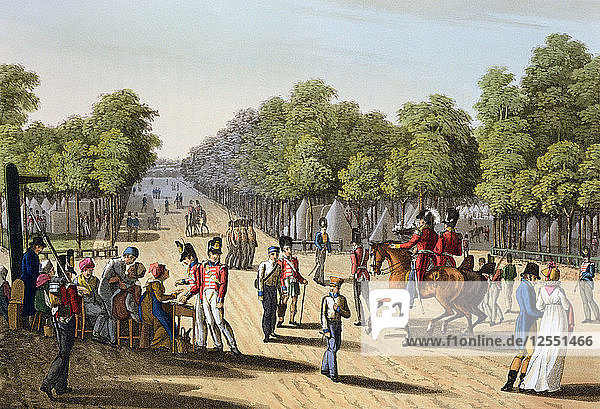Aufmarsch der britischen Armee im Bois de Boulogne  Paris  1815 (1817). Künstler: Matthew Dubourg