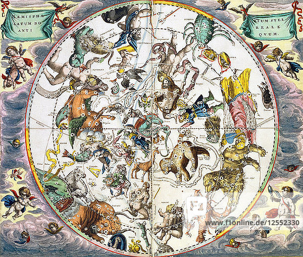 Himmelsplanisphäre mit Darstellung der Tierkreiszeichen  1660-1661. Künstler: Andreas Cellarius