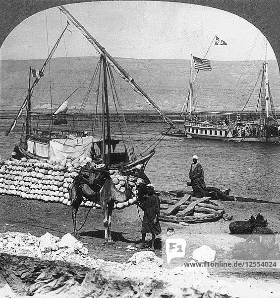 Dahabiyehs on the river ready for a Nile voyage  Egypt  1905.Artist: Underwood & Underwood