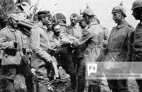 German troops stopping for midday rations on the way to Brussels First World War 1914. Artist: Unknown