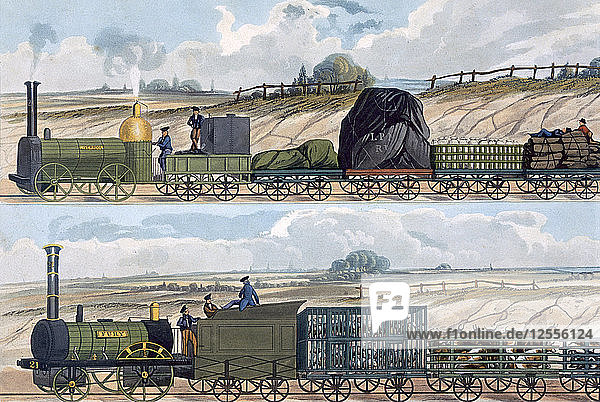 Züge auf der Liverpool and Manchester Railway  1832-1833. Künstler: SG Hughes