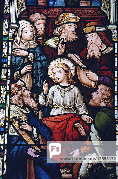 Jesus as a boy in the Temple stained glass St Mildreds Church Tenterden Kent. Artist: Bill Forbes
