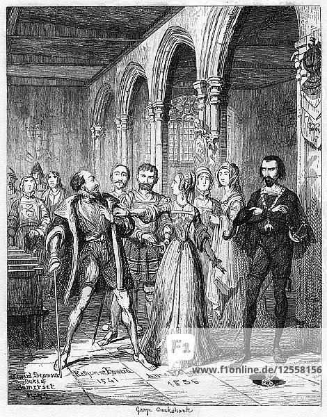 Königin Jane stellt sich zwischen Northumberland und Simon Renard  1553 (1840) Künstler: George Cruikshank