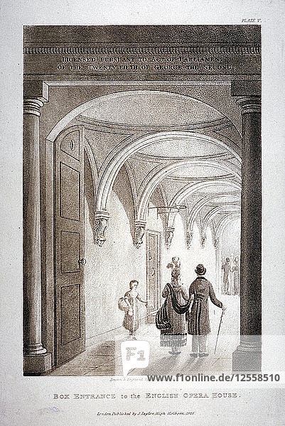 Blick auf den Logeneingang des Kings Theatre  Haymarket  London  1837. Künstler: Daniel Havell