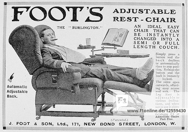 Werbung für den verstellbaren Ruhesessel Foots Burlington  1916. Künstler: Unbekannt